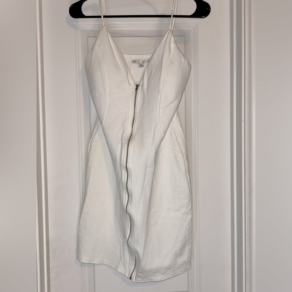 White Short V-Neck Dress with Gold Front Zipper Detail